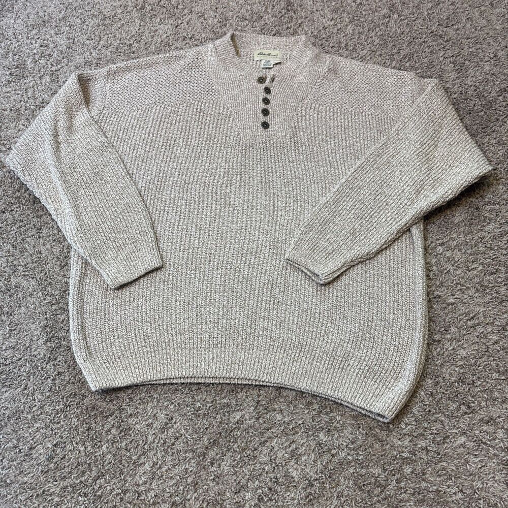 VTG Eddie Bauer Sweater Mens XL Oatmeal Henley Cotton Fisherman 90's Y2K Chunnky